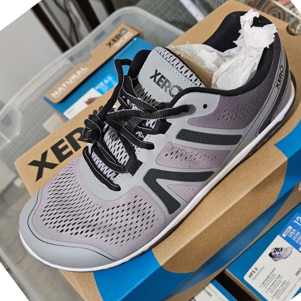 Xero Shoes HFS II Mens 12 Asphalt/Alloy Barefoot Running Shoes Zero Drop Mesh